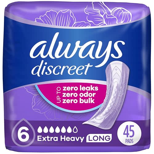 Always Discreet Adult Incontinence Pads for Women, Extra Heavy Absorbency, Long Length, Postpartum Pads, 45 Count