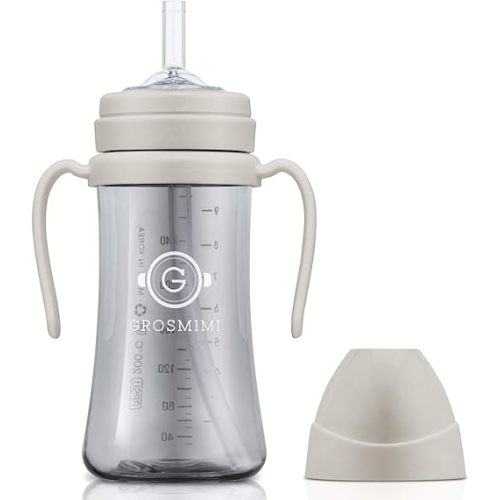 GROSMIMI Spill Proof no Spill Magic Sippy Cup with Straw with Handle for Baby and Toddlers, Customizable, PPSU, BPA Free 10 oz (Beige)