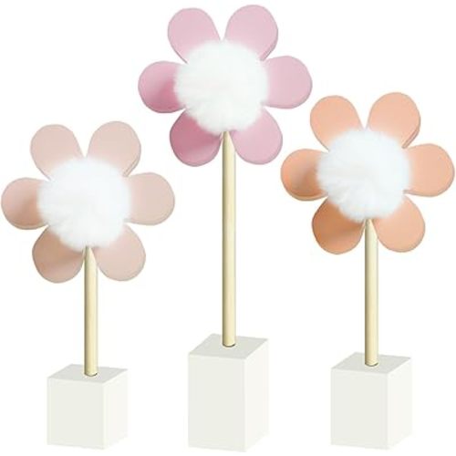 3 Pack Daisy Nursery Shelf Decor, Wooden Flower with Pompom Pistil Boho Baby Girl Nursery Room Decoration Bohemian Cute Little Girl Wall Art for Bedroom Kindergarten Classroom Playroom Bookshelf Gift