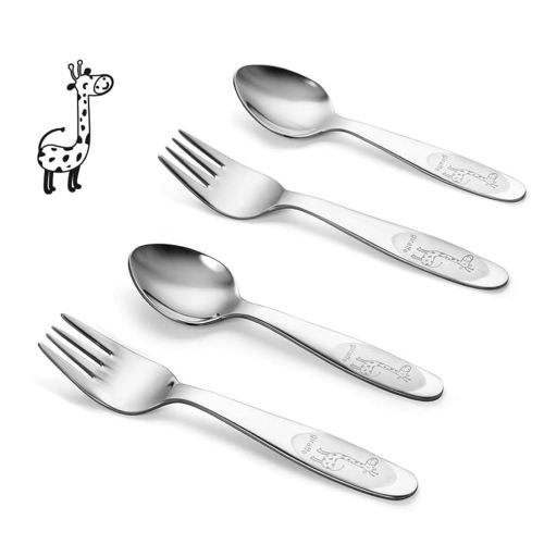 4 Piece Toddler Utensils Set - Stainless Steel Baby Forks & Spoons with Smooth Rounded Edges | Self-Feeding Training Tools for Babies 12-24 Months | Dishwasher Safe Silverware Set
