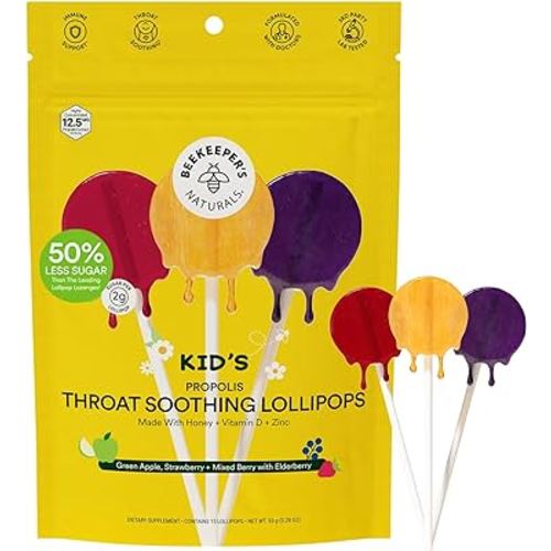 Kids Throat Soothing Lollipops by Beekeeper's Naturals - Doctor Formulated Immune Support, Vitamin D & Honey, Under 2g Sugar, Clean Ingredients,15 ct