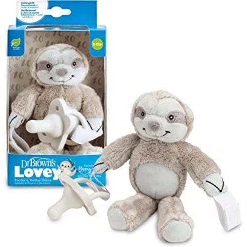 Dr. Brown's Baby Lovey Pacifier & Teether Holder, Sloth with Grey HappyPaci, 100% Silicone, 0-6m