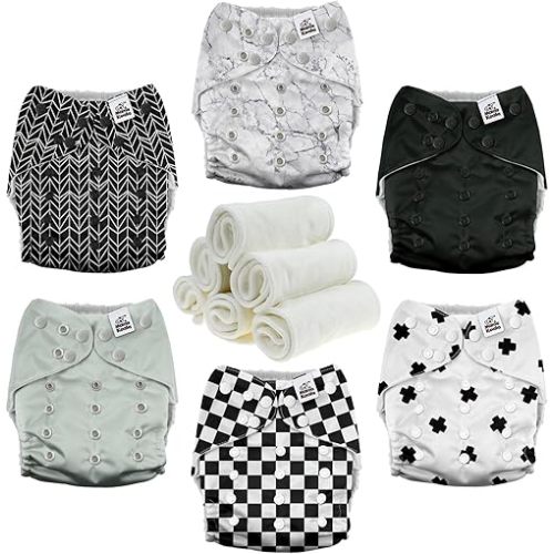 Mama Koala 3.0 Pocket Cloth Diapers for Babies with AWJ Lining, 6 Pack with 6 4-Layer Natural Cloth Diaper Inserts - Reusable and Washable Pocket Diapers (Black and White)