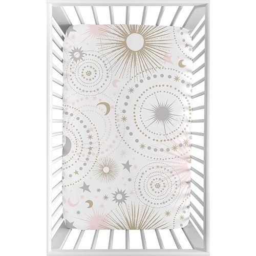 Sweet Jojo Designs Blush Pink, Gold, Grey and White Star and Moon Baby Girl Fitted Mini Portable Crib Sheet for Celestial Collection - for Mini Crib or Pack and Play ONLY