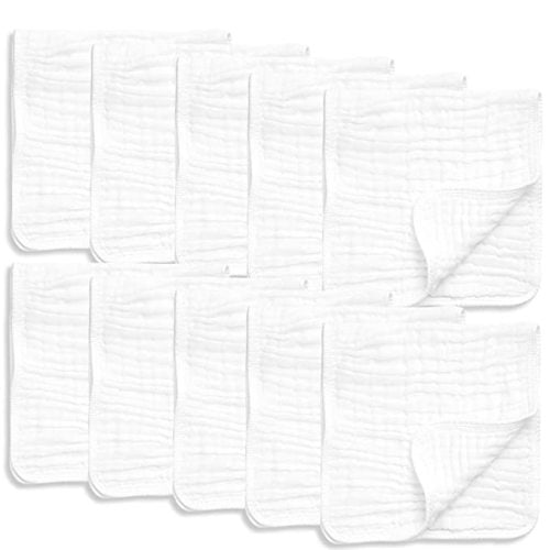 AllSett Health 10 Pack Muslin Burp Cloths Large 20" by 10" 100% Cotton, Hand Wash Cloth 6 Layers Extra Absorbent and Soft White