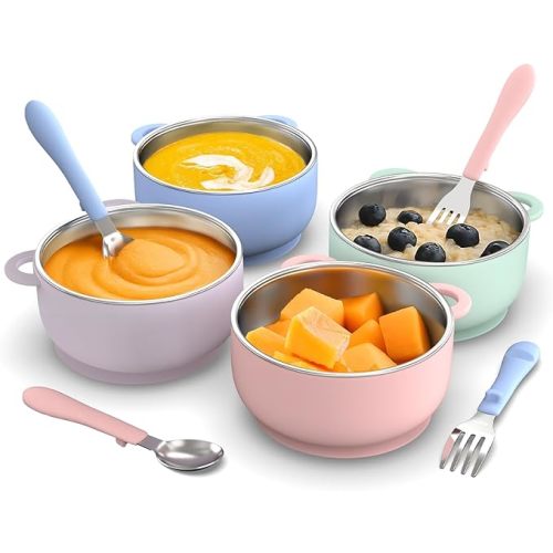 Suction Toddler Bowls and Feeding Utensils Set, 2-in-1 Stainless Steel 304 Kids Bowl & Silicone Suction Baby Bowl with Spoons and Forks, First Self-feeding Training Set, Unicorn Magic