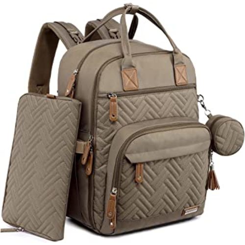 iniuniu Diaper Bag Backpack, Large Unisex Baby Bags for Boys Girls, Waterproof Travel Back Pack with Diaper Pouch, Washable Changing Pad, Pacifier Case and Stroller Straps, Khaki