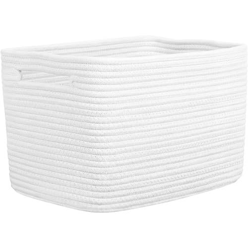 Storage Baskets for Organizing, 14 x 10 x 9” Closet Shelf Woven Baskets, Square Bins with Handles, Cotton Rope Basket for Clothes, Office, Room, White 1 Pack