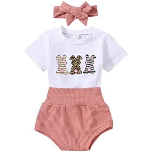 Fernvia Infant Baby Girls Easter Outfits Short Sleeve Rabbit Print Romper Elastic Waist Shorts with Hairband 3Pcs Clothes Set