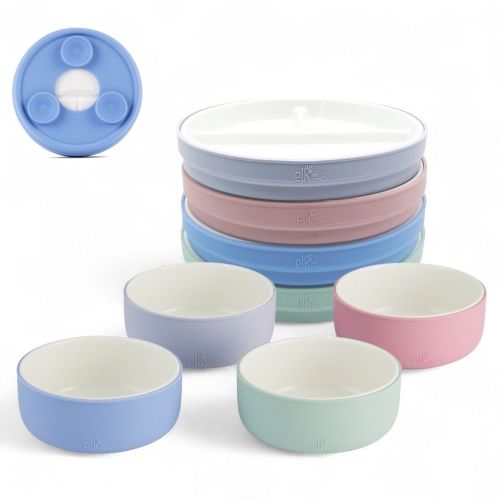 Kids Porcelain Mealtime Bundle | Suction Sleeves | 6.7" Plates + Bowls | 8 Pcs | Blush/Lilac/Sage/Misty Blue