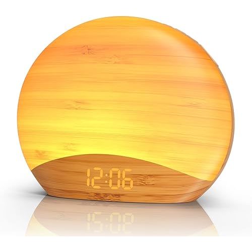 REACHER Natural Wood Grain Sound Machine Sunrise Alarm Clock,26 Nature Inspired Sleeping Sounds, 0-100% Dimmable Clock, Night Light,Brown/Pink/White Noise Sound Machine for Babys, Kids, Adults