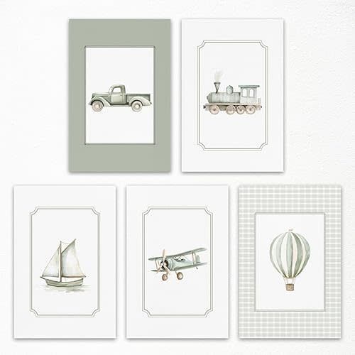 Sage Green Nursery Canvas Wall Art, Nautical Sailboat Poster, Hot Air Balloon Print, Toddler Boys Room Train Wall Decor, Set of 5 Travel Transportation Picture for Kids Bedroom 8x12in Unframed