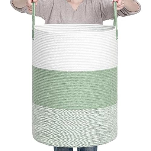 CLHMILY&Z 80L Laundry Basket Round Storage Rope Basket - 16.5x22.5 Inches - Green Hamper in Bedreoom and Cute Storage Bin for Blankets, Toys, and Nursery Essentials