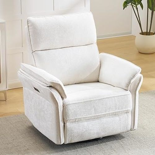 Oversized Power Recliner Chairs for Adults with Massage and Heat, Power Swivel Rocker Recliner Chair with Adjustable Headrest, 26" Extra Wide Rocker Nursery Recliner with USB Port, White