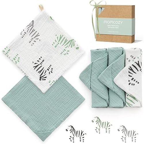 Momcozy Soft & Absorbent Baby Washcloths - 4 Layer Design| Medium Thickness| Premium Cotton for Newborns' Skin-Great for Bathing, Wiping & on-The-go Use, Shower Gift and Essential(5 Pack, 10x10 inch)