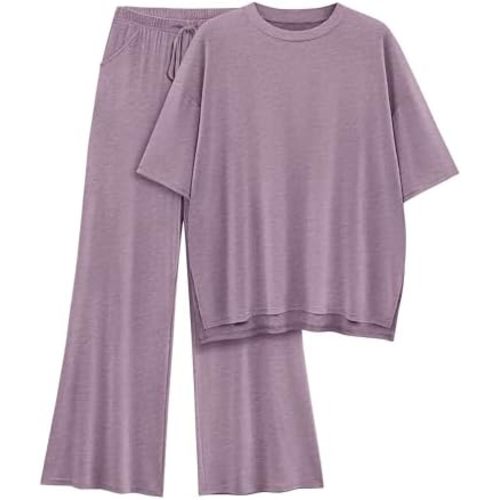 Womens Lounge Set 2 Piece Outfits Casual Loose Fit Short Sleeve Tops and Wide Leg Pants Tracksuits