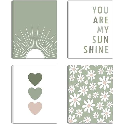 Boho Wall Art Set of 4 Sage Green Nursery Wall Decor You Are My Sunshine Canvas Painting Prints Daisy Flower Cute Heart Pattern Posters Baby Room Pictures for Bedroom Kid Girls Room 12x16 In Framed