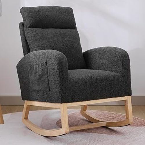 Nursery Rocking Chair with Solid Wood Legs, Glider Chair for Nursery with Side Pocket, Rocker Armchair for Living Room Bedroom (Dark Drey, Teddy Fabric)