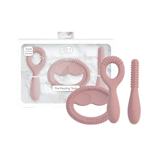 ezpz Oral Development Tools - 3 Months+ (3 Pack in Blush) - Non-Slip Loop, Smile and Stick, 100% Silicone Tools to Practice Feeding + Chewing - Sensory Bumps - Dishwasher Safe