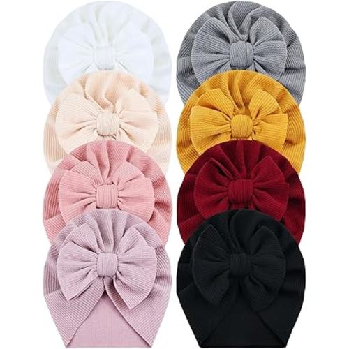 inSowni 8 Pieces Soft Turban Hats with Big Bow Hospital Nursery Caps Beanies Bonnets Headwraps for Baby Girls Infants