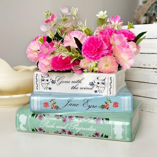 Scuyari Small Book-Shaped Decorative Planter - Ceramic Vase for Flowers - Cute Bookshelf Home Bedroom Office Decor - Unique Classic Titles Bookstack Housewarming Gifts for Book Lovers