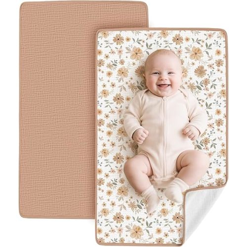Konssy 2 Pack Waterproof Muslin Cotton Portable Changing Pad 30"x 17", Soft & Foldable Baby Changing Mat Travel Pad with Terry Backing, Shower Gift for Newborn Girls Boys (Toffee,Flourish)