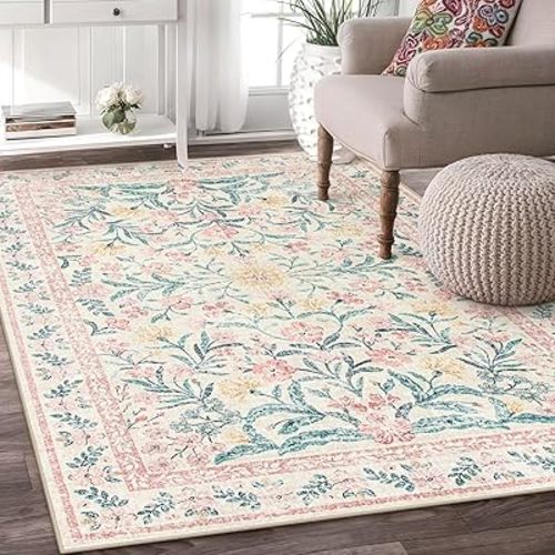 Wonnitar Machine Washable 5x7 Rug, Pink Rugs for Bedroom Girls, Boho Soft Floral Nursery Rug Non Slip, Indoor Ultra-Thin Floor Carpet Area Rug for Kid Room Living Room Dorm