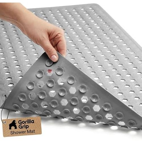 GORILLA GRIP Patented Bath Tub Shower Mat, Machine Washable Bathtub Floor Liner Mats, Suction Cups and Drain Holes to Keep Tubs Clean, Soft on Feet, Bathroom Essentials, 35x16 Inch, Gray Opaque