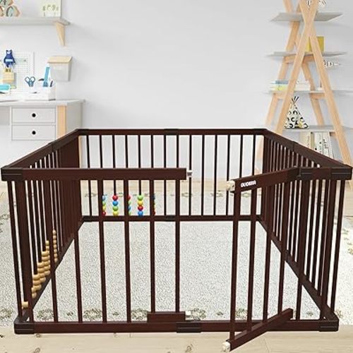 Wooden Playpen for Babies and Toddlers - 61x47x24 In Baby Gate Play Pen by QUOKKA - Baby Fence Play Yard with Colorful Beads & Oversized Abacus - Cherry Color Smooth Well-Sanded Wood | Non-Slip Bottom: Buy Online at Best Price in UAE - Amazon.ae