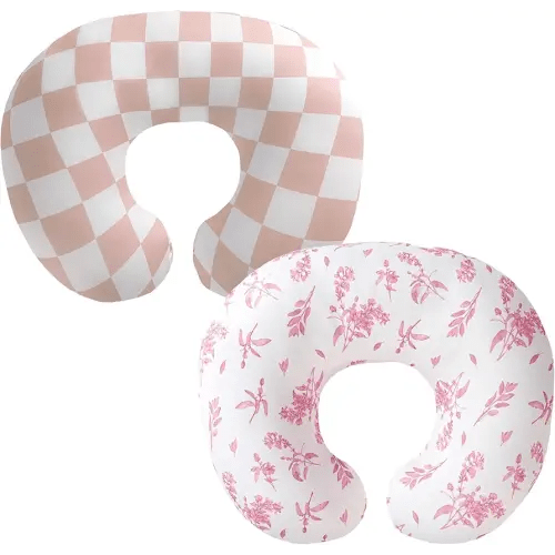 2-Pack Nursing Pillow Covers,Ultra-Soft Stretchy Breastfeeding Pillowcase for Baby Boys Girls, Fits 22.5"x18" Pillows,Removable Feeding Pillow Slipcovers for Newborn(Flower & Pink Checkered)