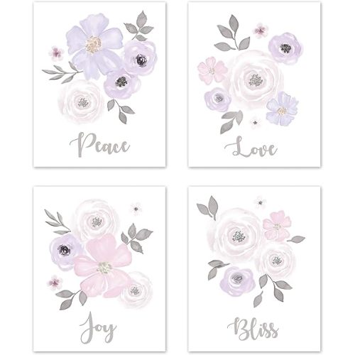 Sweet Jojo Designs Lavender Purple, Pink Grey and White Wall Art Prints Room Decor for Baby, Nursery, and Kids for Watercolor Floral Collection - Set of 4 - Peace, Love, Joy, Bliss