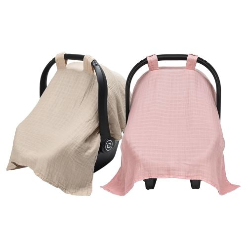 Meracorallo Muslin Baby Car Seat Cover, Lightweight Breathable Soft Infant Carrier Cover Carseat Canopy for Baby Boys and Girls, Pink & Beige