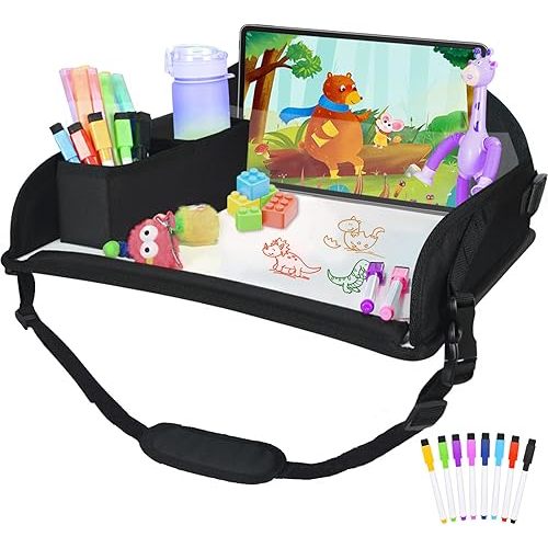 Upgraded Kids Travel Tray for Airplane - Toddler Car Seat Table Tray, Road Trip Essentials for Boys & Girls, Carseat Lap Desk for Kids Road Trip Activities, Black