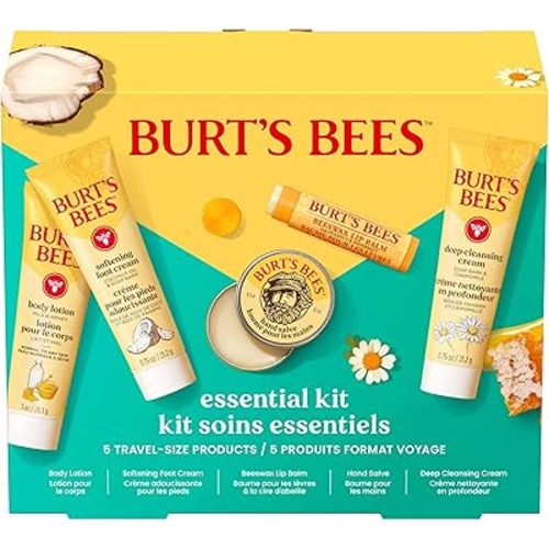 Burt's Bees - Essentials Everyday Set, 5 Travel Size Products - Deep Cleansing Cream, Hand Salve, Body Lotion, Foot Cream and Original Lip Balm