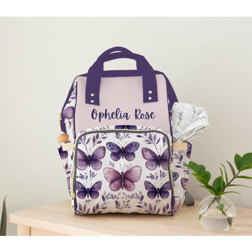 Diaper Bag Backpack, Baby Girl Custom Name Bag, Purple Butterfly Design, Personalized Baby Shower Gift