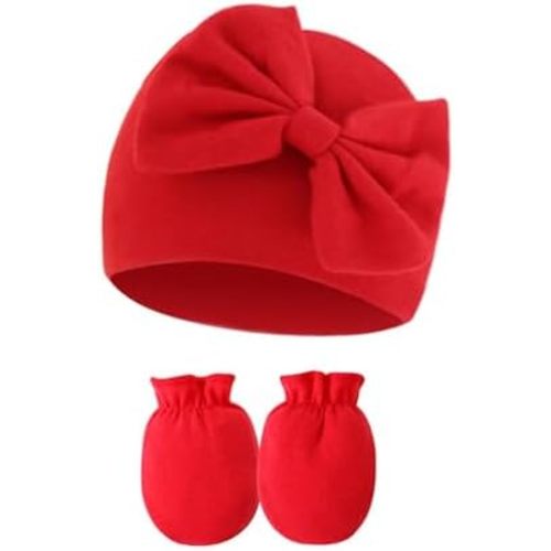 UTTPLL Newborn Beanies Cap No Scratch Mittens Set 0-6 Months Infant Bow Caps Baby Girls Boys Cute Nursery Headbands Hats