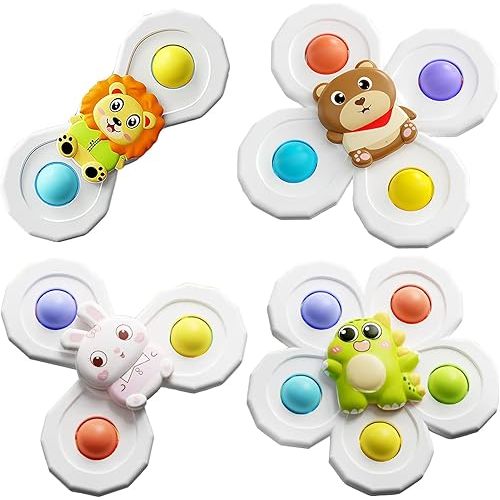 4 Pcs Suction Cup Spinner Toys for Baby Sensory Bath Toys for Toddlers Spinning Toys for Boys and Girls Airplane Car Travel Table & Window Toys Birthday Gifts for Infant