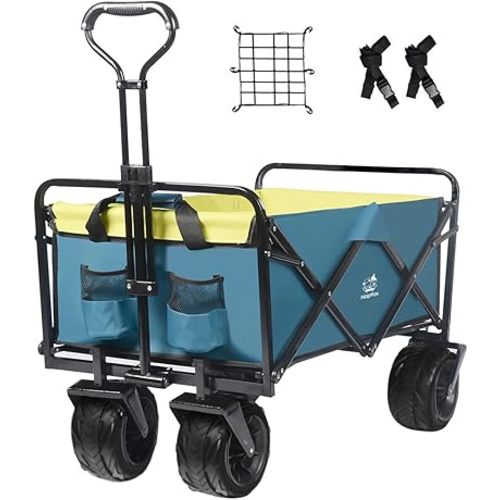 Collapsible Heavy Duty Beach Wagon Cart Outdoor Folding Utility Camping Garden Beach Cart with Universal Wheels Adjustable Handle Shopping (Green&Blue)