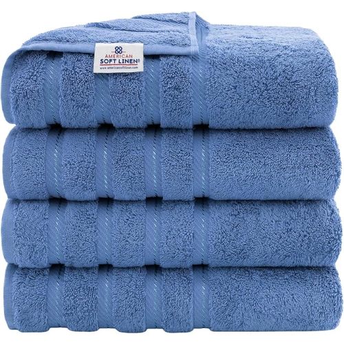 American Soft Linen Luxury 4 Piece Bath Towel Set, 600 GSM 100% Cotton Turkish Bath Towels for Bathroom, 27x54 in Extra Large Bathroom Shower Towels, Electric Blue