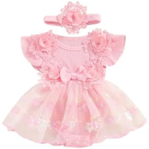 Hnyenmcko Newborn Baby Girl Summer Romper Dress Infant Fly Sleeve Flower Embroidery Mesh Tulle Skirt Hem Ribbed Bodysuit