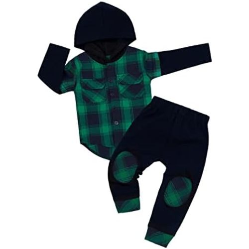 DONWEN Toddler Baby Boy Clothes Plaid Long Sleeve Patchwork Hoodie Top + Pants 2pcs Fall Winter Outfits Set