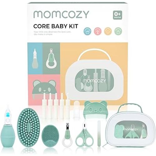 Momcozy Core Baby Kit, Baby Shower & Registry Essential Kit for Grooming&Health&Cleansing Care, Includes Nail File Kits, Nasal Aspirator, Gas Relief Tubes, Bath Brushes, Toothbrush, Comb, Storage Case
