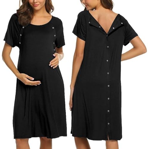 Ekouaer Womens Nursing/Delivery/Labor/Hospital Nightdress Short Sleeve Maternity Nightgown with Button S-XXL