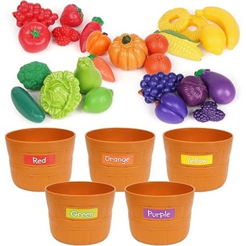 Color Sorting Play Food Toy Set - 30 Pieces Fruit and Vegetable Shapes Educational Daycare Learning Toy for Toddlers , Shape Color Recognition Sorter Kitchen Pretend Play Food Set for Kids