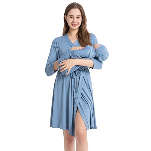 Galabloomer Maternity Robe and Baby Receiving Blanket, Matching Mommy Labor Delivery Robe and Swaddle Set Denim blue