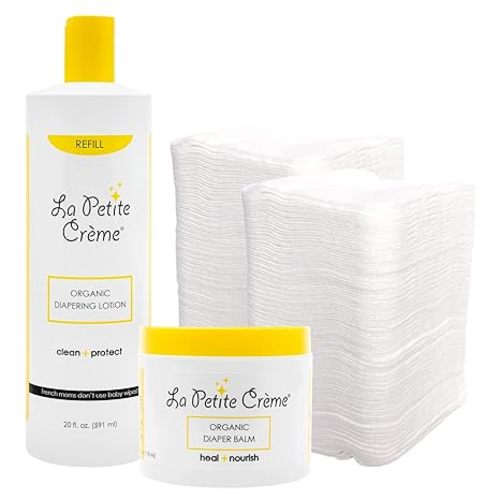 La Petite Creme Value Pack - Premium French Organic Diapering Lotion (20 oz), French Organic Diaper Balm (4 oz), and 100 Disposable Cotton Pads - Newborn Essentials - Baby Shower Gift