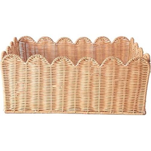Scalloped Edge Basket, Wicker Storage Baskets, Hand Woven Baskets for Shelves,Natural Baskets for Organizing (M-14" L x 10.5" W x 6" H-Rattan)