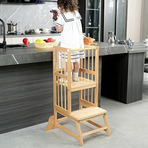 Toddler Tower, Kids Kitchen Step Stool with Safety Rails, Toddler Standing Tower Adjustable Height, Wooden Kitchen Stool for Kids, for Living Room Countertops and Bathroom Sinks(Natural)