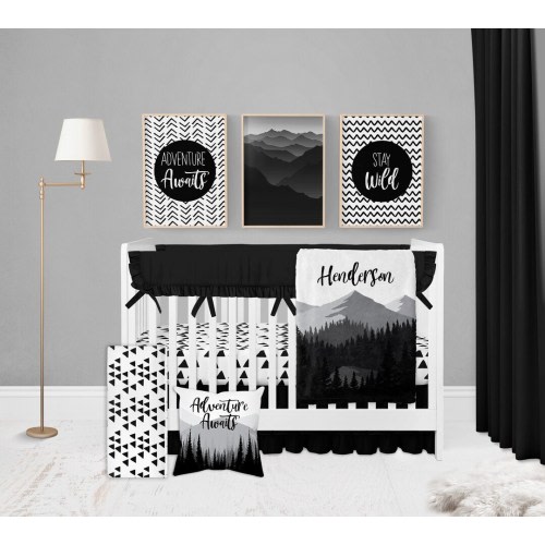 Black And White Crib Bedding Set, Boy Crib Bedding, Black And White Nursery, Mountain Crib Bedding, Adventure Crib Bedding, Crib Sheets Boy