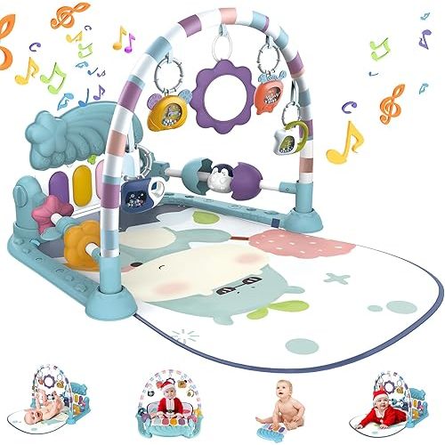 Baby Play Mat Toys 0-6 9 12 Months, Tummy Time Mat for Infant, Toddler Kick and Play Piano Gym, Foldable Play Gym Activity Padded Mat for Girl Boy, Newborn Development Musical Playmat Toys (Blue)